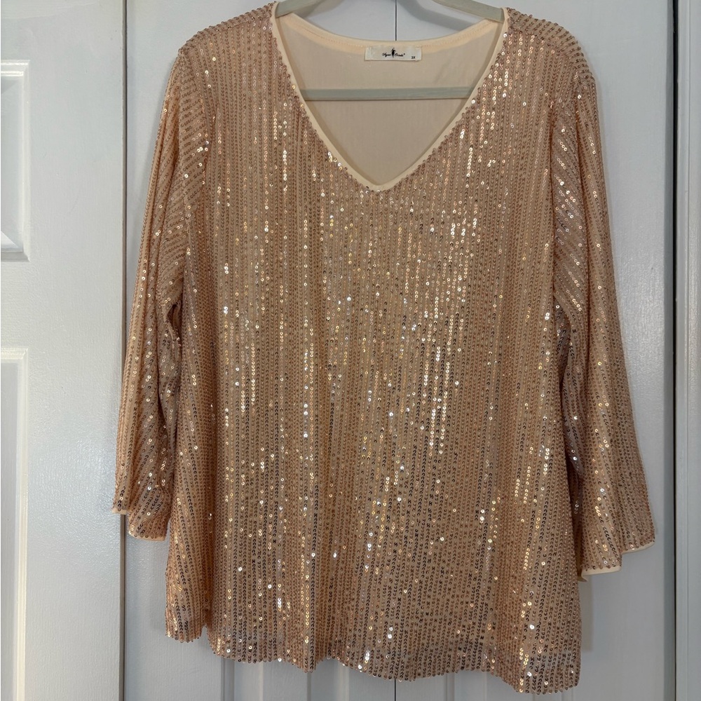 Elegant Sequin V-Neck Blouse - Champagne
